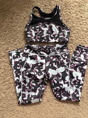Zella Printed Sports Bra & Legging Set - Black, White & Magenta